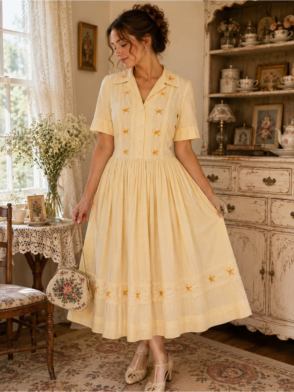 Vintage Dorothy Korby 1950s Pale Yellow Embroidered Midi Dress